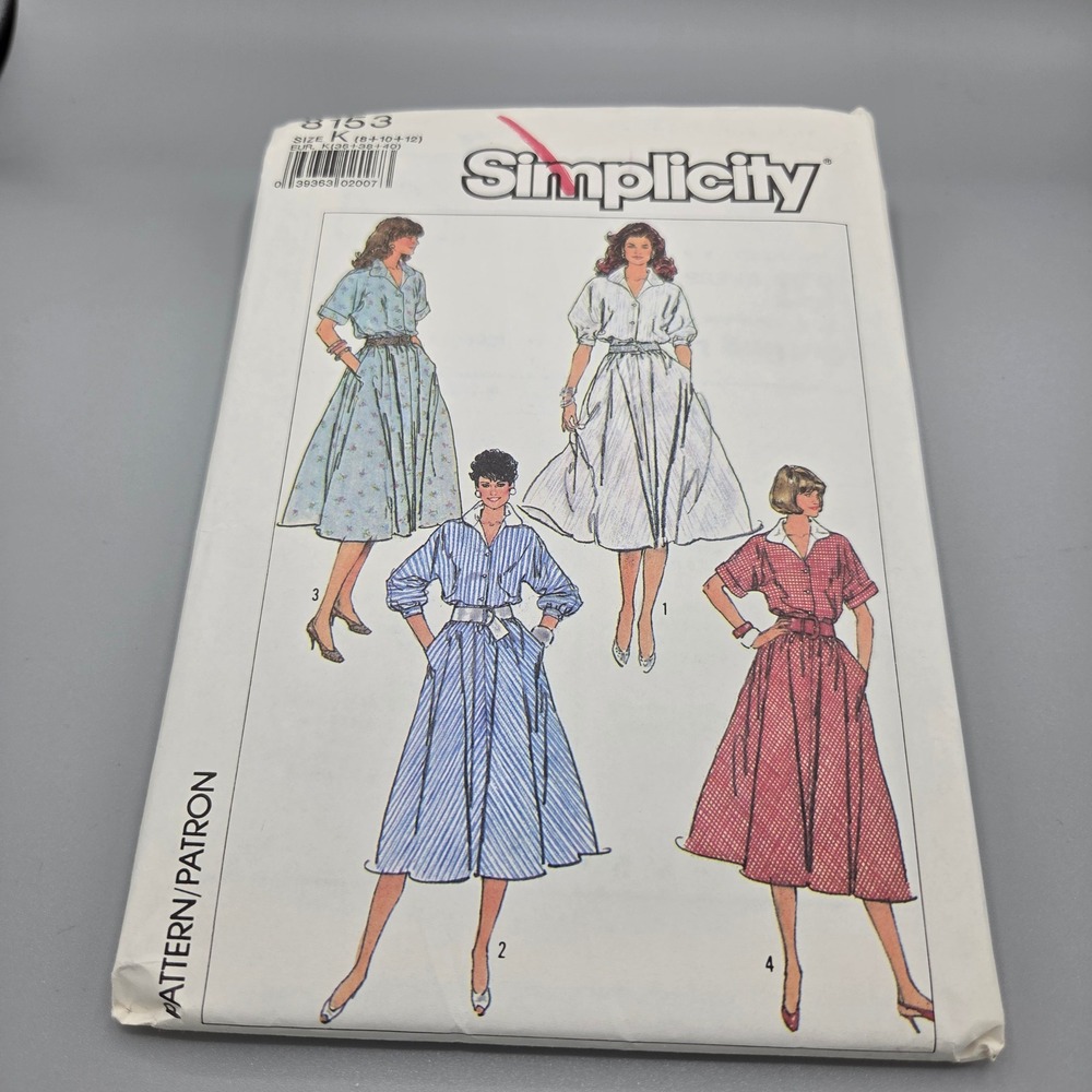 Vintage Simplicity 8153 Sewing Pattern 1987 Misses Pullover Dress Size K 8-12